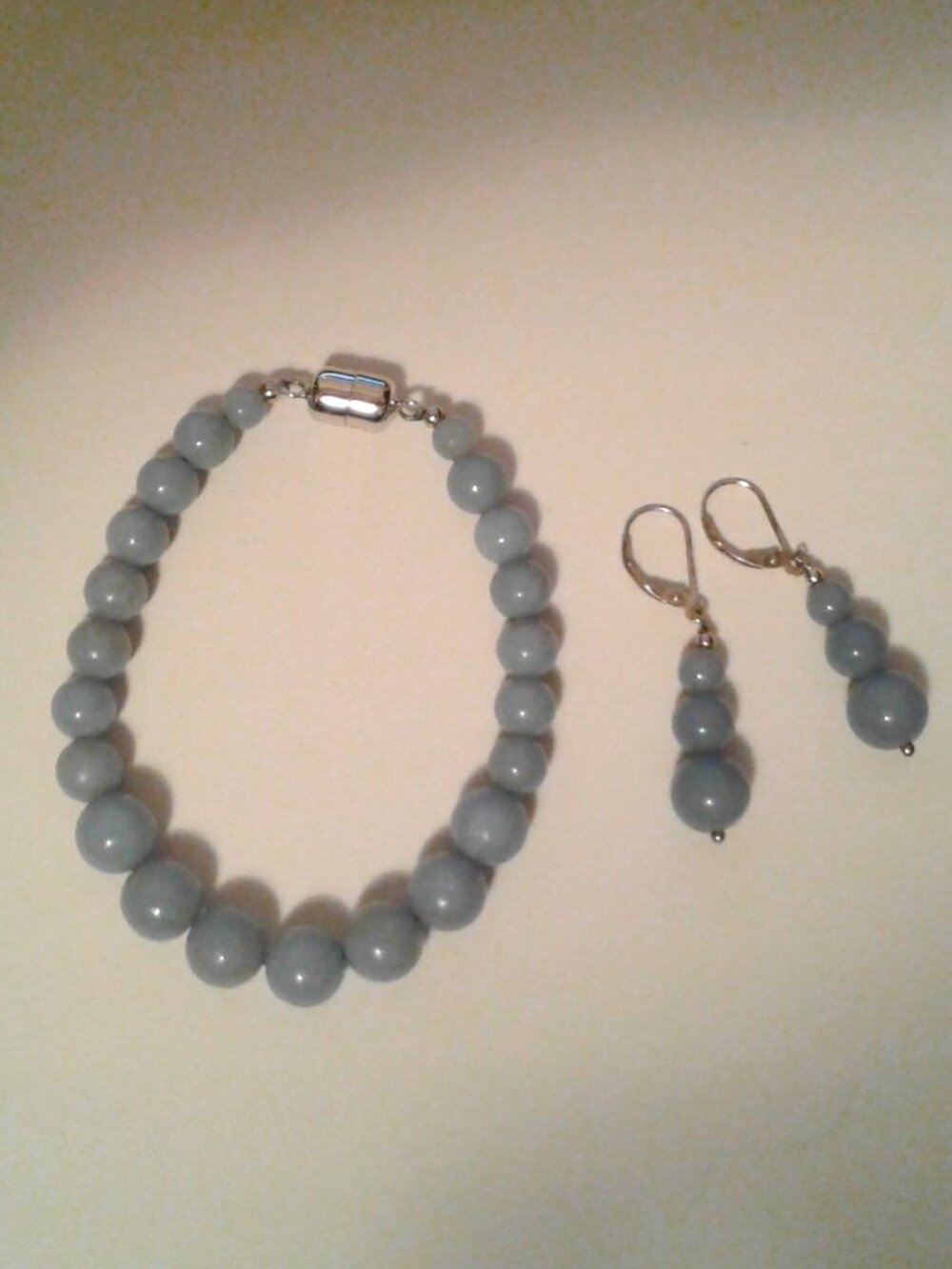 JTV Genuine Graduated Size Angelite Bead Bracelet & Matching Dangle Earrings LNC